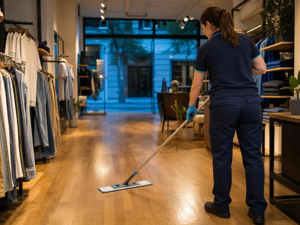 Operaria pasando la mopa por el suelo de una tienda de moda vacía antes de abrir